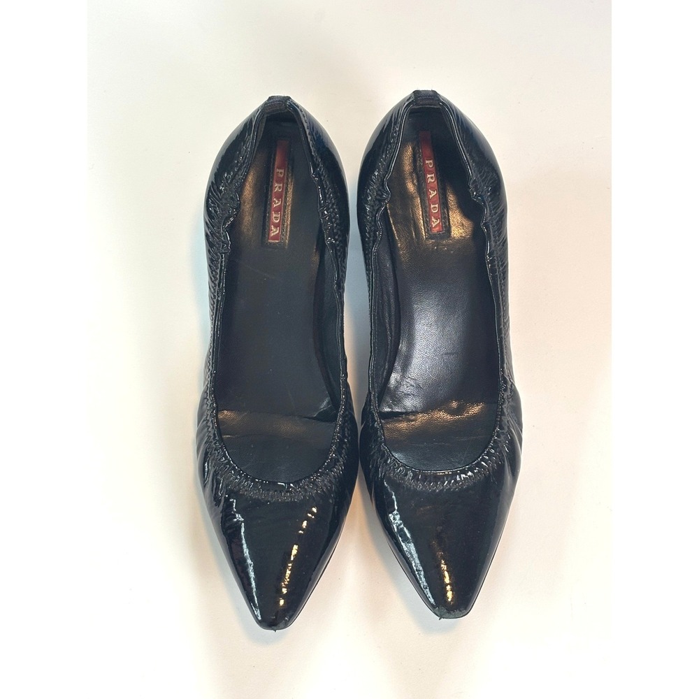 Prada Kitten Heel Patent Leather Pumps Black Womens 37 Pointed Toe Luxury
